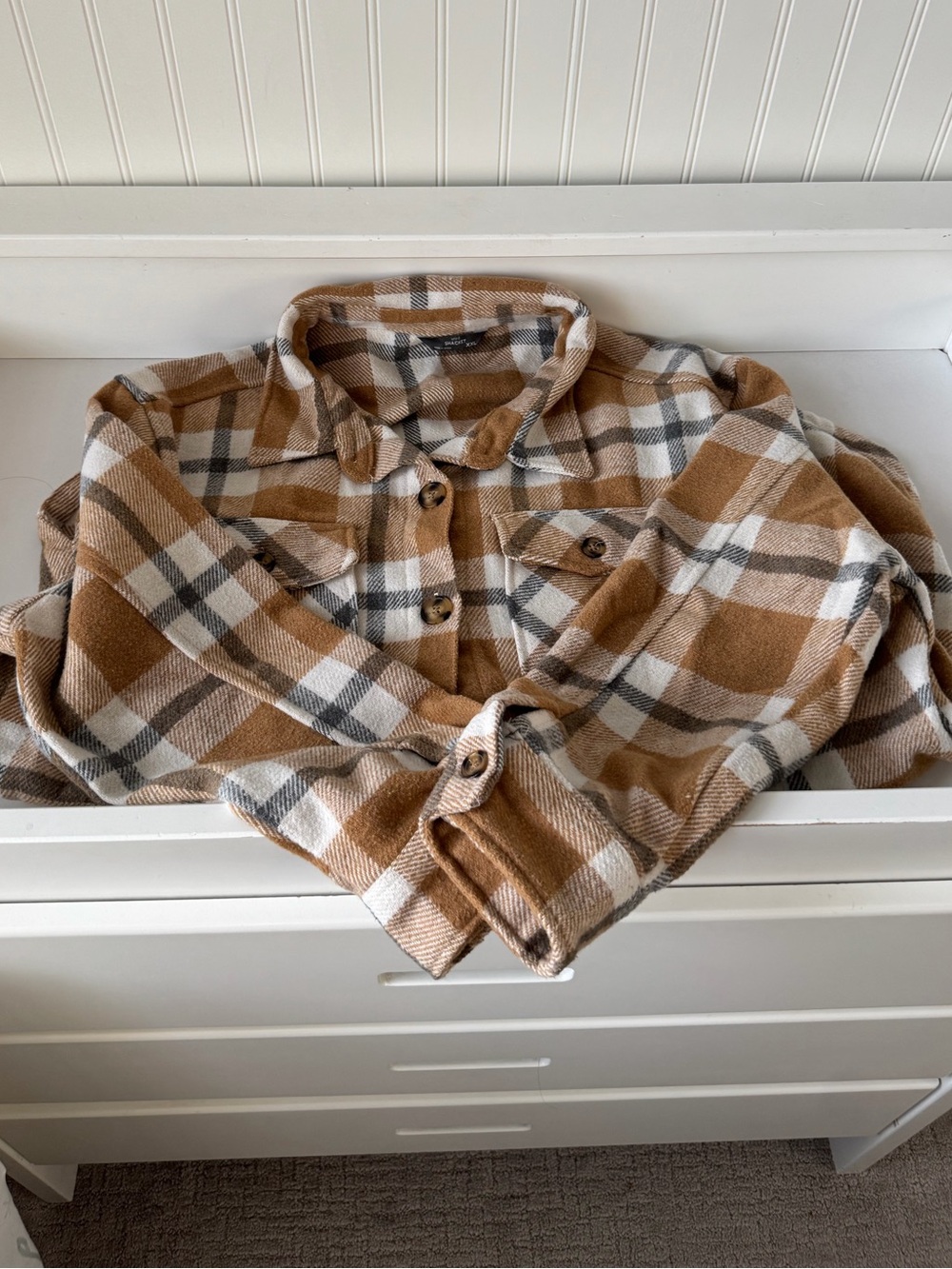 Cozy Plaid Button-Up Shacket in Camel and White